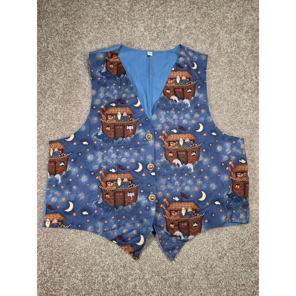 Vintage‎ Noahs Ark Animals Novelty Print Vest Blue Gold Buttons Teacher Size 1X